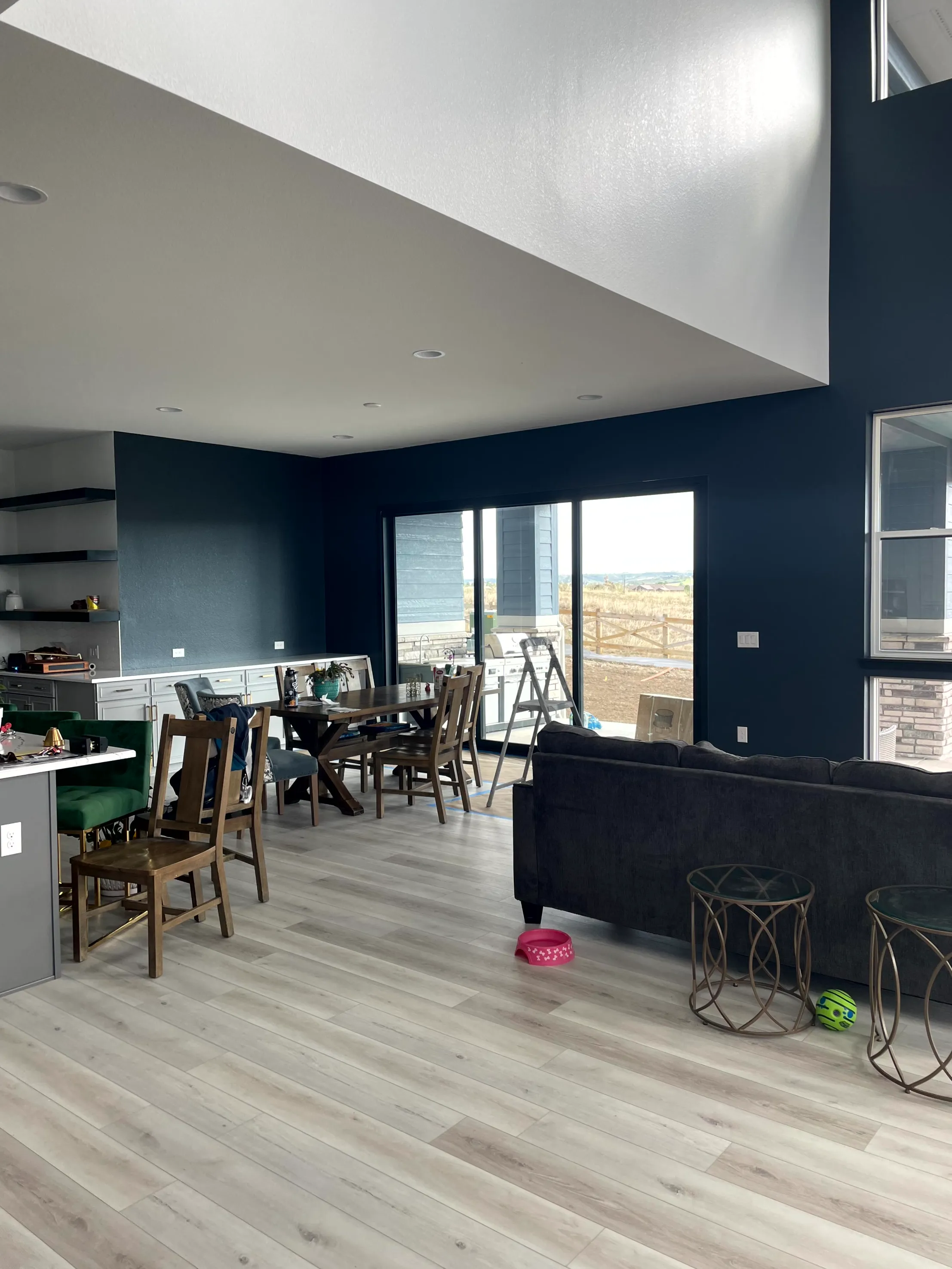 Interior house painting in Castle Rock — open-plan living space with a navy accent wall